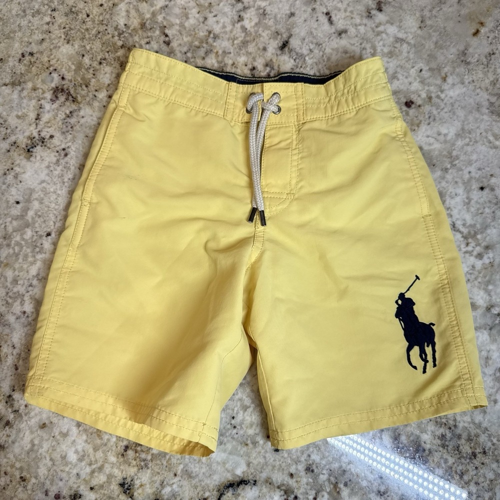 Polo Ralph Lauren Boys Swim Shorts Yellow Big Pony Mesh Lined Board Trunks 6